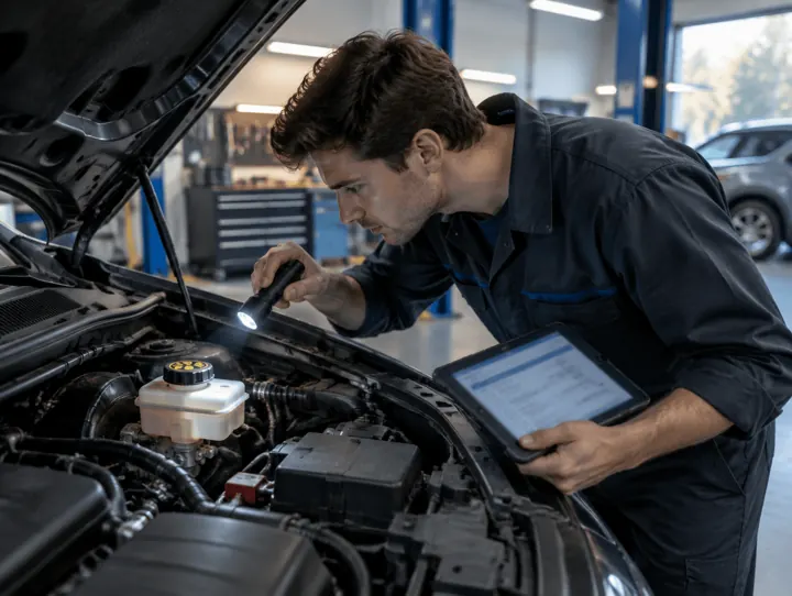 Mechaniker prüft den Motorraum mit Taschenlampe und Tablet